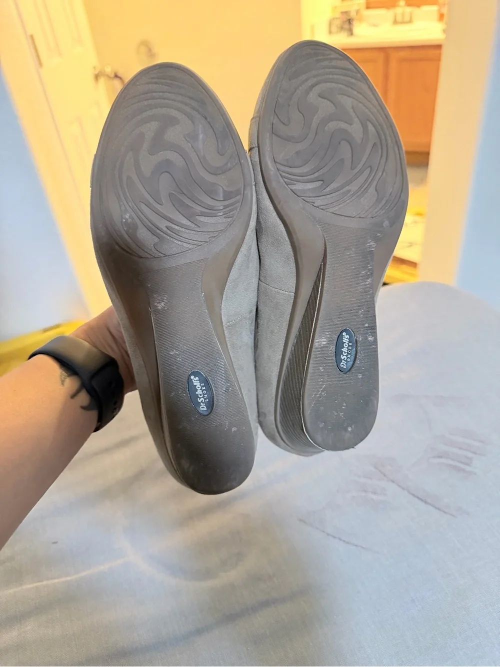 Dr. Scholl's Taupe Suede Wedge Loafers with Gold Chain